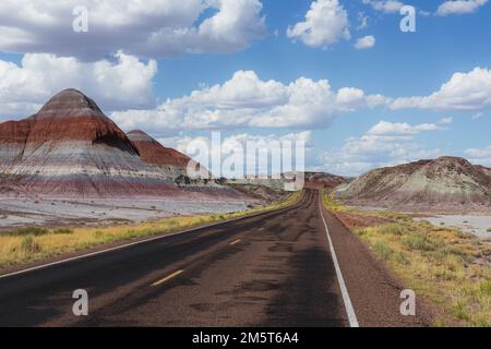 Collines colorées et route pavée à travers Arizona Painted Desert, Petrified Forest National Park, Arizona États-Unis Banque D'Images
