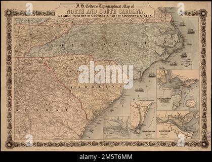 J.H. Carte topographique de Colton en Caroline du Nord et du Sud : une grande partie de la Géorgie et une partie des États voisins. N° 12 dans le coin supérieur gauche. N° de copyright « 410 » et la date « 10, 1861 » écrite à l'encre dans la marge inférieure. Indique les forts, les villes, les routes, les chemins de fer, les noms et les limites des comtés, les coordonnées géographiques et les rivières. Les dessins de navires dénotent un blocus naval en mer. Ensembles : Beaufort et environs, Caroline du Nord. 8 x 9 cm. -- Wilmington et environs, Caroline du Nord. 13 x 9 cm. -- Charleston Harbour et ses approches, Caroline du Sud. 14 x 15 cm. -- Plan de ft. Sumter. 4 x 4 cm.-Savannah a Banque D'Images