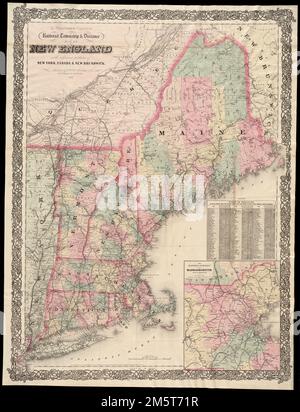 Carte de chemin de fer, de canton et de distance de G. Woolworth Colton de la Nouvelle-Angleterre : avec des portions adjacentes de New York, Canada et Nouveau-Brunswick. Relief indiqué par les haches. «Entré en 1860, conformément à l'Acte du Congrès, par G. Woolworth Colton au bureau du greffier du tribunal de district des États-Unis pour le district sud de New York.» Premiers méridiens : Greenwich, Washington, D.C. Encart : la partie est du Massachusetts sur une échelle élargie. Inclut un tableau des distances. Don; Richard H. Brown; 2012. BRL. Carte des chemins de fer, des cantons et des distances du chemin de fer de la Nouvelle-Angleterre, du canton et de la distance Banque D'Images