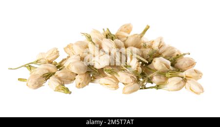 Fleurs sèches de jasmin isolées sur fond blanc. Thé aux fleurs de jasmin. Tisane Banque D'Images