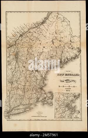 Carte de la Nouvelle-Angleterre : avec les parties adjacentes de New York et du Canada. Relief indiqué par les haches. Affiche les chemins de fer, les cantons, les comtés et les endroits peuplés. 'Publié pour le guide de chemin de fer Pathfinder de Snow.' Encart : 15 miles autour de Boston. Sur le verso : publicités , Nouvelle-Angleterre ,région Banque D'Images