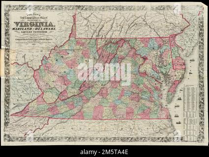 Nouvelle carte topographique de Colton des États de Virginie, du Maryland et du Delaware, montrant également l'est du Tennessee et certaines parties d'autres États voisins. Relief indiqué par les haches. Premiers méridiens : Greenwich et Washington. Inclut les chiffres de population pour la Virginie, Marlyland, District de Columbia, et... Carte de Colton des États de Virginie, du Maryland et du Delaware montrant l'est du Tennessee et certaines parties des États voisins. Carte de Colton des États de Virginie, du Maryland et du Delaware montrant l'est du Tennessee et certaines parties des États voisins, la Virginie-Occidentale, le Maryland Delaware Banque D'Images