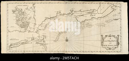 Une carte correcte de la côte de la Nouvelle-Angleterre. Profondeur indiquée par des sondages. Planche 13 du pilote anglais, quatrième livre (Mount et page, 1737). Encart : Boston Harbour , Nouvelle-Angleterre ,région Banque D'Images
