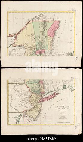 Une carte des provinces de New York et du New Jersey, avec une partie de la Pennsylvanie et de la province de Québec. Premier méridien : New York. Grugeage illustré par illustration. Affiche les divisions administratives de New York et du New Jersey , New York New Jersey Banque D'Images