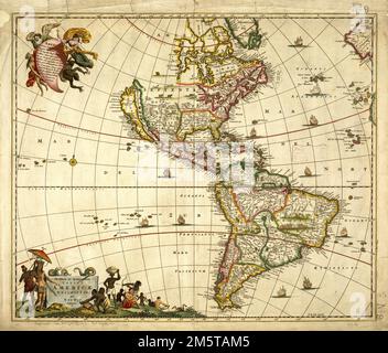 Novissima et ackatissima totius Americae description. Grugeage illustré par illustration. Comprend Ill. La Californie est représentée comme une île avec un littoral irrégulier et des îles des deux côtés. N'inclut pas les îlots supplémentaires en bas à gauche de la carte qui ont été ajoutés dans les éditions ultérieures. Présenté dans The faces & Places Exhibition, Kravis Center, Palm Beach, FL, depuis 2005. MB (BRL). En comparaison avec la carte de la grande paroi de DeWit, cette carte vise à montrer les informations les plus récentes et les plus précises sur les Amériques. Cependant, l'information géographique présentée ici n'est pas très différente de la carte précédente, especiall Banque D'Images