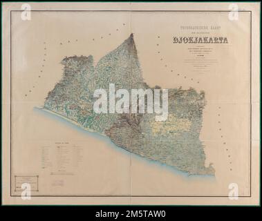 Topographische kaart der residentie Djokjakarta : opengenomen ingevolge gavernements beluit DD. 9 Julij 1861 non 6, porte de Opnemingsbrigade, te zamengesteld uit den militair ambtenaar der 1ste klasse K.F. Wilsen (chef) en de opnemers Strauss, [et 17 autres]. Relief indiqué par les haches. Premier méridien: Tjerimai [c'est-à-dire, Mt. Cereme]. Label de l'exposition internationale des industries maritimes et fluviales collé en bas à gauche , Indonésie , Yogyakarta , district autonome Banque D'Images