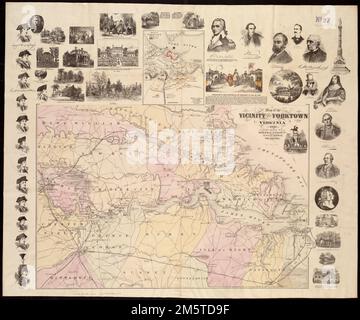 Carte des environs de Yorktown, Virginie, 1881. Carte du centenaire montrant le centre-est de la Virginie, de Richmond à l'embouchure de la baie de Chesapeake. Identifie les lieux des batailles de la guerre de Sécession. La carte détaillée montre les positions des forces opposées au siège de Yorktown en 1781. Le deuxième encart est une version de la vue de John Trumbull de la reddition de Yorktown. Carte bordée de portraits de personnages de la guerre d'indépendance et de vues sur les bâtiments historiques de l'époque , Virginie , York , comté , Yorktown Banque D'Images