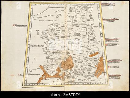 Tercia Europe tabula continental Gallia. Titre de Verso. Carte de la Gaule antique, englobant la France, la Belgique et le Luxembourg. Gravé sur du bois avec des noms de lieu de type mobile. Inclut les noms des lieux et des caractéristiques naturelles. En marge : notes sur la latitude. Apparaît dans la Geographia de l'auteur. Ulm : Lienhart Hol, 16 juillet 1482. Texte en latin. Le catalogage, la conservation et la numérisation ont été rendus possibles en partie par la Fondation nationale pour les sciences humaines : exploration de l'effort humain , France Belgique Luxembourg Banque D'Images