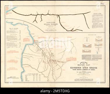 Plan de la région aurifère du Klondike, district du Yukon, Dominion du Canada : compilé à partir des dernières sources authentiques et des informations fournies par la Klondike parent Pioneer Corporation. Grugeage affiché par ombrage. Encart: Diagramme des revendications sur le Bonanza, Eldorado, Boulder, Byrne Gulch, Victoria et Skookum Gulch. Comprend des notes, un tableau des distances, des tarifs à partir de Liverpool et des diagrammes indiquant la nature et la taille des réclamations , Canada , territoire du Yukon , Klondike , rivière Banque D'Images