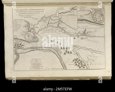 Un plan authentique de la rue River Laurence de Sillery à la chute de Montmorenci, avec les opérations du siège de Québec : sous le commandement du vice-ADML. Saunders & Major Genl. Wolfe jusqu'au 5 septembre. 1759. Orienté vers le nord en haut à droite. Relief indiqué par les haches. Insets : partie de la rivière supérieure de St. Laurence -- une vue de l'action acquise par le Sepr anglais. 13, 1759 près de Québec. Dévouement : au très honorable William Pitt Esqr. L'un de ses Majestés le plus honorable Conseil privé et secrétaire d'État principal & c, ce plan est très humblement inscrit par ses plus obli Banque D'Images