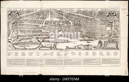 Plan et profil au naturel de la ville d'Orléans. Télécopie. Vue plongeante. Inclut l'index des points d'intérêt. Version originale: Olréans : Gilles Holot, [1648]. La France et l'Angleterre ont eu une relation fracturée pendant la Renaissance, alors que les deux parties se battaient régulièrement les unes contre les autres pour contrôler les terres françaises. La ville d'Orléans, représentée dans cette vue à l'origine en 1648, fut le site d'un siège célèbre en 1429. C'est ici que la jeune Jeanne d'Arc (Joan la Pucelle) s'est ralliée derrière elle à l'armée française et a dépassé Orléans des Anglais. Dans sa villaination des caractères français Banque D'Images