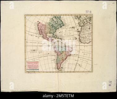 Nieuwe kaart van America uitgeghen te Amsterdam. Grugeage illustré par illustration. Apparaît à la fois dans l'historie Hedendaagsche de Salmon de tegenwoordige staat van Amerika, v.1 p.1, et dans l'atlas de la main Nieuwe en beknopte de Tirion. Cf Phillips, Maps of America, p. 109, et Phillips, no 600. Premier méridien : île de fer.... , Amérique du Nord et Centrale Amérique du Sud Méso-Amérique , région Amérique du Nord , région Amérique du Sud Banque D'Images