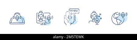 Ensemble d'icônes de blog de podcast de fille. Des lignes de contour parfaitement adaptées aux pixels et modifiables Illustration de Vecteur
