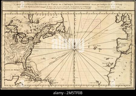 Carte de l'océan occidental et partie de l'Amérique septentrionale : dressée pour l'intelligence du Journal du voyage que le R.P. de Charlevoix de la Compagnie de Jésus a fait en 1720 au Canada, à la Louisiane et à St. Dominique. Grugeage illustré par illustration. « Premier méridien présenté à l'observatoire de Paris ». Depuis : Charlevoix. Historique et description générale de la Nouvelle France. Paris : veuve Ganeau, 1744 , Océan Atlantique Banque D'Images