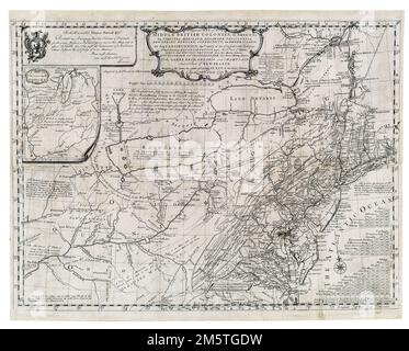 Une carte générale des colonies britanniques du milieu, en Amérique : viz Virginia, Màriland, Dèlaware, Pensilvania, New Jersey, New-York, Connecticut, et Rhode Island : d'Aquanishuonîgy, le pays des Confédérés indiens ; comprend Aquanishounigy proprement dit, leur lieu de résidence, Ohio et Tiuuxsoxruntie, leurs pays de chasse au cerf, Couxsaxràge et Skaniadarâde, leurs pays de castor-Érié, leurs lacs de la Nouvelle-France et d'OntáChamplain : Où est compris les sièges antients [sic] et actuels des nations indiennes. Premier méridien : Londres et Philadelphie. Grugeage indiqué par Banque D'Images