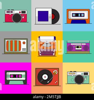 Ensemble d'autocollants vectoriels vintage pour objets pop art colorés Illustration de Vecteur