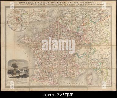 Nouvelle carte postale de la France, à l'usage des voyageurs, proposant le nord de l'Italie, la Suisse, la Hollande, la Belgique et la partie occidentale de l'Allemagne, les chemins de fer en exploitation, en construction et adoptés, sans les distances d'un lieu à un autre en kilométrage. Affiche les routes de poste, les routes royales, les chemins de fer et les itinéraires des bateaux à vapeur. Premier méridien : Paris. Insets: Environs de Paris dans un rayon de 65 kilomètres -- [Corse]. Inclut vignette , France Banque D'Images