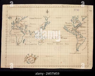 Un graphique Mercator. Exposé dans « Journeys of the imagination », à la Boston public Library, Boston, ma, avril - août 2006. MB (BRL). Avec son motif floral embellissant son titre de cartouche et l'utilisation de lettres stylisées et de symboles de limites, cette carte manuscrite du monde représente très probablement un projet de géographie d'une écolière de Boston de la fin du 18th siècle. Au cours des dernières décennies du 18th siècle et du début du 19th siècle, il était pratique courante pour les étudiantes britanniques et américaines de préparer des cartes de différentes parties du monde à partir d'échantillons à motifs. Filles d'école Banque D'Images