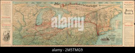 Les centres de santé et de loisirs de New York et de la Nouvelle-Angleterre, le meilleur moyen des rejoindre par « le plus grand chemin de fer de l'Amérique » : le centre de New York et la rivière Hudson R.R. et les connexions. Couvre le nord-est des États-Unis à l'ouest jusqu'à des Moines, Iowa, ainsi que certaines parties de l'Ontario et du Québec. Grugeage illustré par illustration. Inclut du texte, des illustrations et des publicités dans les marges de gauche et de droite. Tableaux de temps, texte, et informations de chemin de fer sur le verso (24 panneaux). 'Formulaire 103. - Juillet 1898.'. New York Central et Hudson River R.R.. New York Central & Hudson River R.R., Nord-est des États-Unis, région Canada , O Banque D'Images