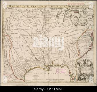 Une carte de la Louisiane et de la rivière Mississipi. Grugeage illustré par illustration. Dédicace : cette carte du Mississipi est très humblement inscrite à William Law de Lawreston Esq. Comprend des textes historiques , Amérique du Nord , région Mississippi River Louisiana Banque D'Images