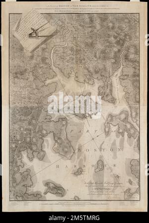 Un plan de Boston en Nouvelle-Angleterre avec ses environs : y compris Milton, Dorchester, Roxbury, Brooklin, Cambridge, Medford, Charlestown, des parties de Malden et Chelsea avec les travaux militaires construits dans ces endroits dans les années 1775 et 1776. Grugeage affiché par ombrage. Profondeurs indiquées par des sondages. Inclut une télécopie du pass émis par James Urquhart, le grand-ville, pour permettre le libre passage de Henry Pelham 'pour prendre un plan des villes de Boston et Charlestown et les travaux rebelles autour de ces lieux;' dévouement 'au très honorable Lord George Germain ...' Avec la signature autographiée de Henry Pelham; et, Banque D'Images