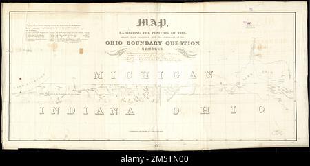 Carte montrant la position des plusieurs lignes liées au règlement de la question de la limite de l'Ohio. Inclut la liste des latitudes de plusieurs points. Montre la ligne territoriale établie par les commissaires en 1818, le parallèle, la tangente au virage sud du lac Michigan, et la ligne entre le virage sud du lac Michigan et le cap nord de la baie Maumee... , Ohio Michigan Banque D'Images