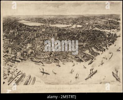 XXe siècle à Boston. Vue plongeante. Il s'agit de l'une des dernières vues d'oiseau de Boston proprement dit enregistrées. Elle préfigure la croissance verticale du centre-ville au cours du 20th siècle où l'horizon de la fin du 19th siècle composé de bâtiments habituellement de trois, quatre, cinq et six étages, a été remplacé par un horizon dominé par des immeubles commerciaux et de bureaux en hauteur. Semblable aux points de vue publiés en 1870s, cette image observe la ville de l'est comme si elle s'approchait par le port de Boston. Au premier plan, le port est rempli d'une variété de navires, dont la plupart sont maintenant de la poudre à vapeur Banque D'Images