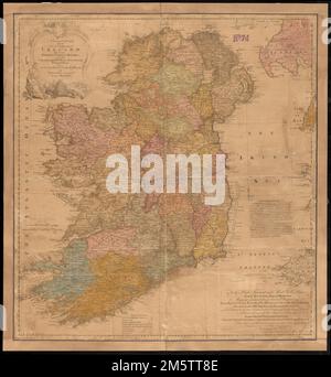 Une nouvelle carte précise du royaume d'Irlande divisée en provinces, comtés et baronies : avec toutes les villes, bourgs, postvilles, casernes et principaux villages : aussi la grande, la branche, et les routes de poste. La conservation de cette pièce a été financée par Arend Sluis et Mark Mulligan. Grugeage illustré par illustration. Comprend la publicité et le dévouement , Irlande Banque D'Images