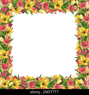 Cadre carré avec tulipes jaune et rouge. Bannière aquarelle. Aquarelle dessin à la main Illustration pour la décoration de design, carte de vœux, textiles, femmes Banque D'Images