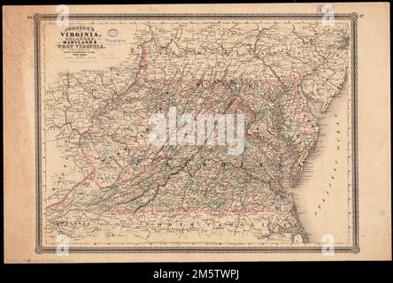 Johnson's Virginia, Delaware, Maryland et Virginie occidentale. Date estimée à partir des comtés. Relief indiqué par les haches. Premiers méridiens : Greenwich, Washington. «Entrée en vertu de l'Acte du Congrès en l'an 1864, par A.J. Johnson, au bureau du greffier du tribunal de district des États-Unis pour le district sud de New York. En marge : 46 -- 47.... , Virginie-Occidentale Virginia Maryland Delaware Banque D'Images
