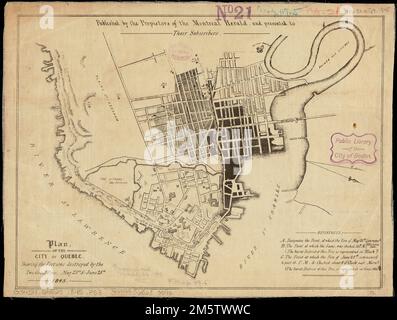 Plan de la ville de Québec : en déversant les parties détruites par les deux grands feux, 28 mai & 28 juin 1845. Orienté vers le nord vers le coin inférieur droit. Relief indiqué par les haches. Inclut des références aux points d'intérêt. 'Publié par les propieteurs du Montreal Herald, et présenté à leurs abonnés.'... , Canada , Québec , province , Québec Banque D'Images
