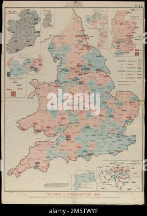 La carte parlementaire graphique montrant les membres retournés pour les divisions de comté et les arrondissements : leur parti politique, et le nombre de votes interrogés pour chacun. Insets: Irlande à une échelle réduite -- élargissement du comté de Dublin -- élargissement du sud-ouest et du sud-est du Lancashire -- élargissement d'une partie du Staffordshire -- élargissement de Lanark & Renfrew -- élargissement d'une partie de Durham -- Écosse à une échelle réduite -- élargissement de Middlesex -- Plan élargi des arrondissements métropolitains. 'Vers le graphique, 26 décembre 1885.'... , Royaume-Uni Banque D'Images