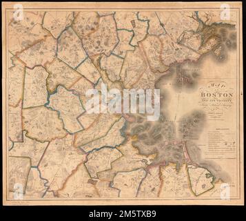 Carte de Boston et de ses environs à partir de l'enquête réelle. Relief indiqué par les haches. Orienté vers le nord vers le coin supérieur droit. 'Avec corrections dans 1829.'... , Massachusetts , Suffolk , comté , Boston Banque D'Images