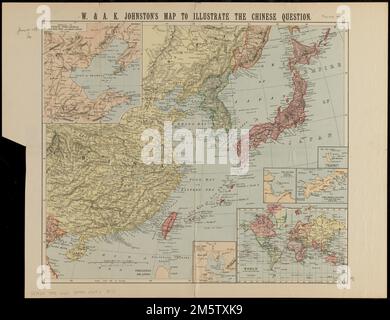 W. & A.K. Carte de Johnston pour illustrer la question chinoise. Relief indiqué par les haches. Décors : Port Hamilton -- Port Wei-Hai-Wei -- Port Arthur, Kin-Chow & Ta-Lein-WAN Bay -- projection de Mercator -- Port Kiao-Chow -- environs de Pekin, Port Arthur, Wei-Hai Wei et Kiao-Chow. Texte sur le verso... Carte pour illustrer la question chinoise. Carte pour illustrer la question chinoise, la Chine Banque D'Images