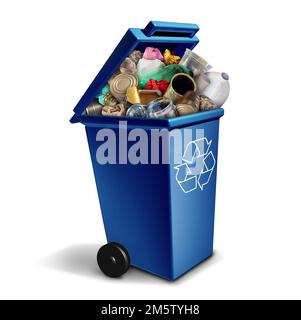 Bac de recyclage bleu pour recycler les déchets et les déchets en tant que gestion des articles réutilisables comme les vieux papier verre métal et plastique jetés dans un conteneur à déchets Banque D'Images