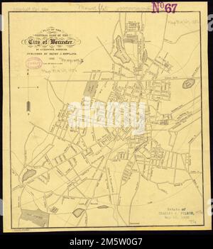 Plan de la partie centrale de la ville de Worcester. Distance du centre-ville indiquée par des cercles concentriques à des intervalles de 800 mètres , Massachusetts , Worcester , Comté , Worcester Banque D'Images