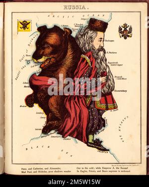 Russie. Carte graphique représentant la Russie comme un ours et le tsar Alexandre II Comprend des illustrations d'un drapeau et d'un blason. Rime sur le pays dans la marge inférieure. Dans Lancaster et Harvey's Geographical Fun. Londres : Hodder et Stoughton, [1868 ou 1869].... , Europe de l'est, région Russie Banque D'Images