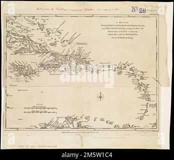 Une carte des îles anglaises, françaises, espagnoles, néerlandaises et danoises, Dans les Antilles, tiré d'une carte améliorée du géographe au roi de France, avec le tractus de la dernière flotte de l'Inde occidentale, à travers le passage Windward. Grugeage illustré par illustration. 'Jn. Lodge, Sculpt.' Apparaît dans le magazine politique. Juin 1781, c.2, p. 384. Le catalogage, la conservation et la numérisation ont été rendus possibles en partie par la Fondation nationale pour les sciences humaines : exploration de l'effort humain , Antilles Banque D'Images