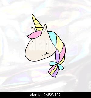 Dessin à la main mignon licorne style doodle sur un vecteur holographique d'arrière-plan Illustration de Vecteur