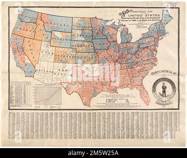 Carte politique de Weller des Etats-Unis : montrant le vote pluriel de l'élection présidentielle de 1892, dans tous les Etats et comtés. Aucun grugeage indiqué. Titre de couverture : carte des couleurs politiques de Weller des États-Unis. Inclut l'index... Préparée après les élections de 1892, qui ont opposé pour une deuxième fois le républicain Benjamin Harrison au démocrate Grover Cleveland, cette carte montre les plurialités ou les majorités au niveau du comté et de l'État. Les comtés étaient ombrés en rouge, bleu ou marron pour signifier les majorités des partis démocrate, républicain ou populaire. Les limites de l'état étaient hautes Banque D'Images