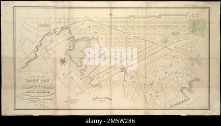 Plan des terres de la baie arrière, appartenant à la Boston Water Power Co., au Commonwealth et à d'autres parties, montrant le système de rues, de grades et d'égouts tel qu'établi et recommandé par les commissaires de la baie arrière. Orienté vers le nord vers le coin supérieur droit. ''ce plan comprend également une partie du territoire adjacent dans les villes de Boston et de Roxbury et dans la ville de Brookline.'... , Massachusetts , Suffolk ,comté , Boston , Back Bay Banque D'Images