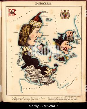 Danemark. Carte graphique représentant le Danemark comme une dame, des animaux et des créatures mythiques. Comprend des illustrations d'un drapeau et d'un blason. Rime sur le pays dans la marge inférieure. Dans Lancaster et Harvey's Geographical Fun. Londres : Hodder et Stoughton, [1868 ou 1869].... , Danemark Banque D'Images