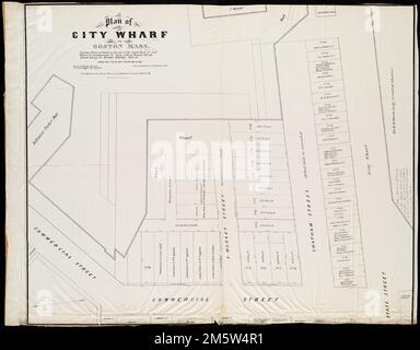 Plan de City Wharf à Boston, Mass : 14 terrains sur le côté du quai sud de Said Wharf & commercial St. : À vendre par vente privée par Josiah Quincy Jr., Brazers' Building, State St. Orienté vers le nord, en bas à gauche , Massachusetts , Suffolk , comté , Boston Banque D'Images