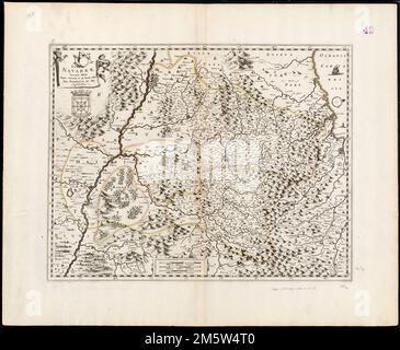 Regni Navarrae exact tabula. Carte du Royaume de Navarre. Grugeage illustré par illustration. Inclut l'insigne de Navarre. Le catalogage, la conservation et la numérisation ont été rendus possibles en partie par le Fonds national de dotation pour les sciences humaines : exploration de l'effort humain. Fait partie de l'atlas de portefeuille composite avec le titre 'Collection d'anciennes cartes.'. Aujourd'hui, la province autonome de Navarre, située dans le nord de l'Espagne, borde la France dans une région appelée pays basque. La région, telle qu'elle avait été vue au 17th siècle, est illustrée sur cette carte. Pendant l'époque de Shakespeare, Navarre a été divisé en terres espagnoles A. Banque D'Images