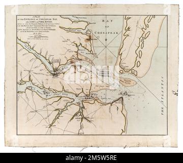 Un plan de l'entrée de la baie de Chesapeak, avec les rivières James et York : où sont présentés les positions respectives (début octobre) 1° de l'armée britannique commandée par Lord Cornwallis, à Gloucester et York en Virginie; : 2° des forces américaines et françaises sous le général Washington, : 3° et de la flotte française sous le comte de Grasse. Montre la péninsule de James River et les positions générales des armées et de la flotte française , Virginie , York , comté , Yorktown Banque D'Images