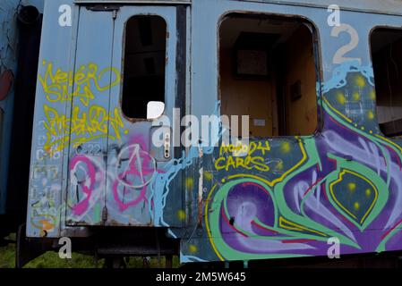 Des wagons de chemin de fer à redondance et désaffectés ont été vandalisés et couverts de graffitis, Bucarest, Roumanie Banque D'Images