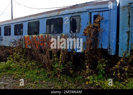 Des wagons de chemin de fer à redondance et désaffectés ont été vandalisés et couverts de graffitis, Bucarest, Roumanie Banque D'Images