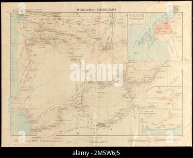 Mogador-Taroudant. Grugeage indiqué par les lignes de forme et les hauteurs de point. Premier méridien : [Paris]. Schéma des feuilles en haut à droite. Insets: Plan de Mogador -- Taroudant -- Agadir IR'ir... Cartes de reconnaissance du Maroc. Cartes de reconnaissance du Maroc , Maroc , Souss-Massa , région , Agadir , capitale régionale Maroc , Marrakech-Safi , région , Essaouira Maroc , Souss-Massa , région , Taroudant Banque D'Images