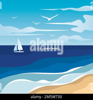 Belle scène de plage avec de charmants nuages, oiseaux et bateaux illustration de vecteur Illustration de Vecteur