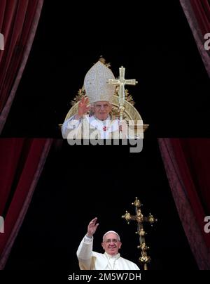 Un ensemble de photos montre , haut , le Pape Benoît XVI livre l'Urbi et Orbi message et la bénédiction aux fidèles du balcon central après la Sainte Messe de Pâques à la place Saint Pierre au Vatican, sur 8 avril , 2012. Le pape François mène son Urbi et Orbi (à la ville et au monde) le jour de Noël le 25 décembre 2013 . - L'ancien pape Benoît XVI est mort à sa résidence du Vatican, âgée de 95 ans, près d'une décennie après qu'il s'est levé à cause d'une santé malade. Il a dirigé l'Église catholique pendant moins de huit ans jusqu'à ce qu'en 2013, il devienne le premier pape à démissionner depuis Gregory XII en 1415. Photo par Eric va Banque D'Images